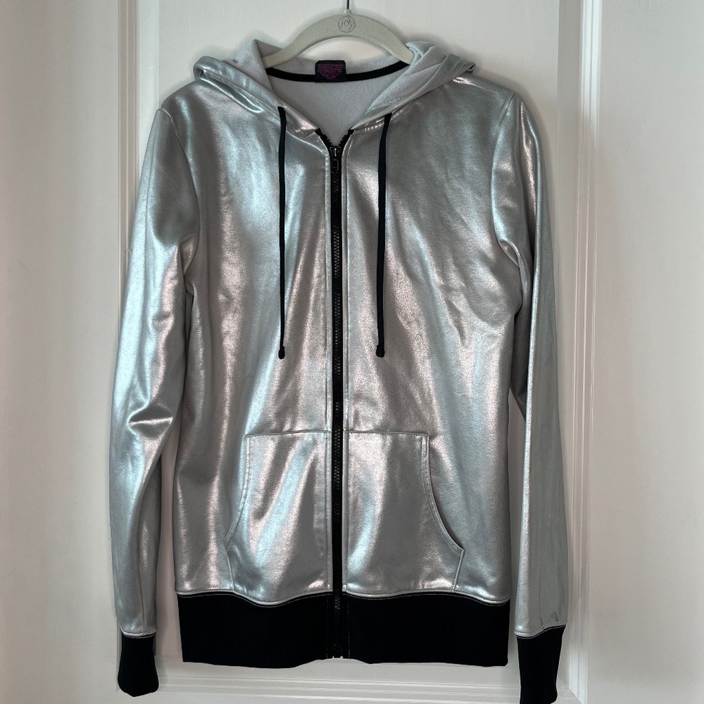 Material Girl Silver Metallic Zip Hoodie Size M – Shiny Activewear Jacket